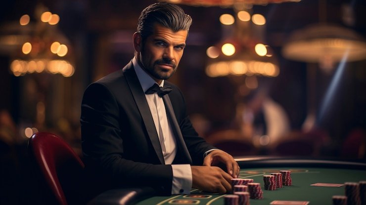 Dealer kasino langsung sedang melayani pemain dengan meja roulette